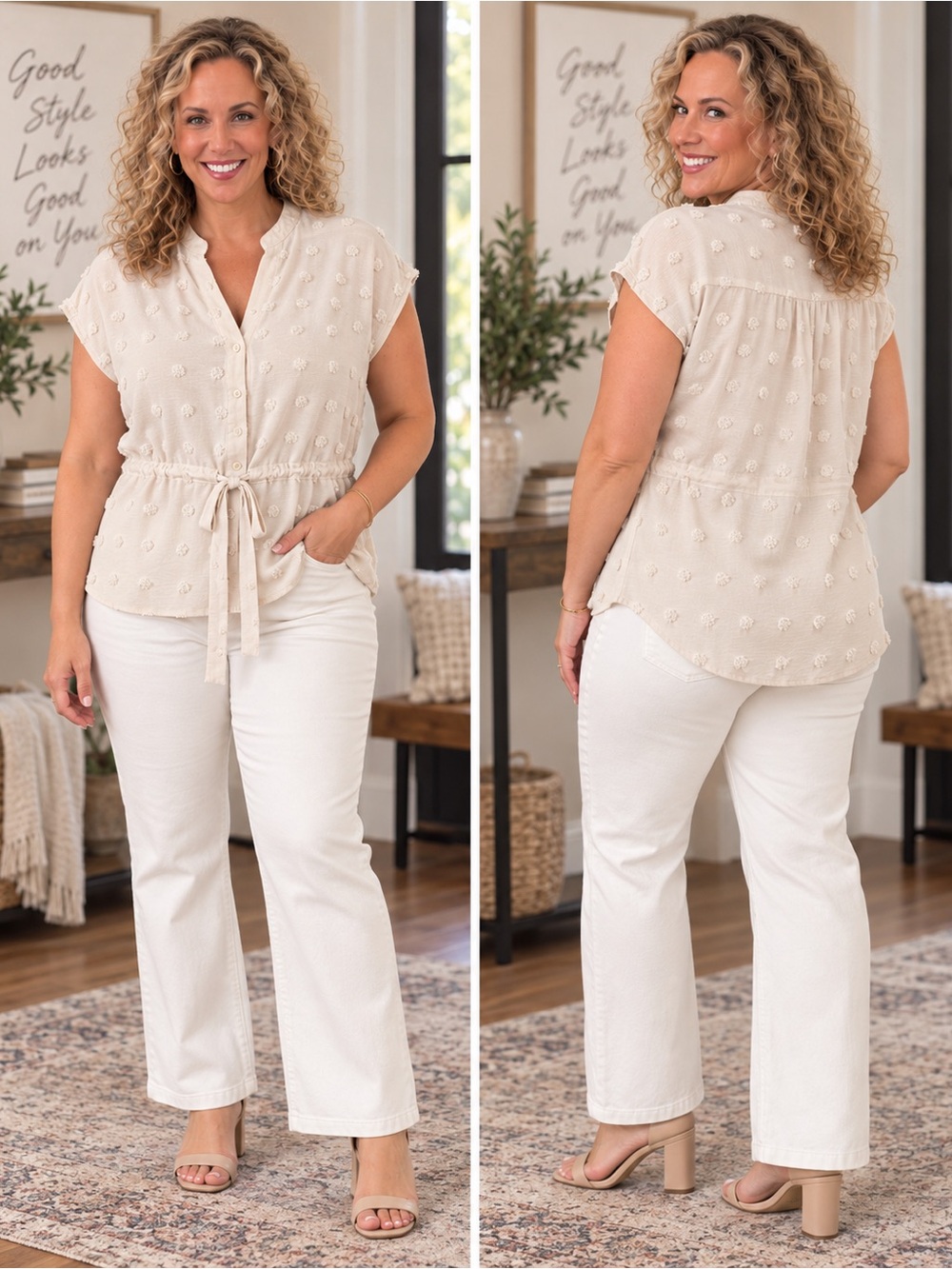 Women's Cream Textured Tie-Waist Blouse - Cream
